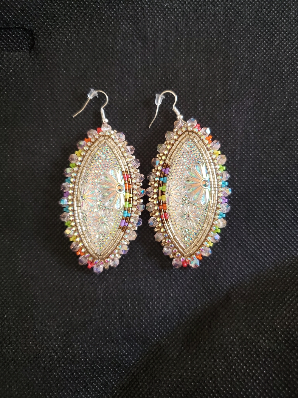 Gold-Tone Multicolor Beaded Oval Drop Earrings With Holographic Flowers.